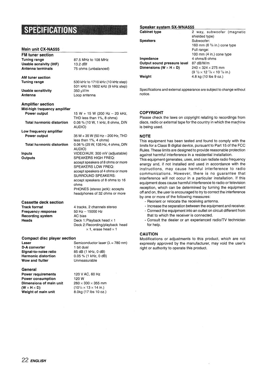 Aiwa NSX-A555 manual Copyright 