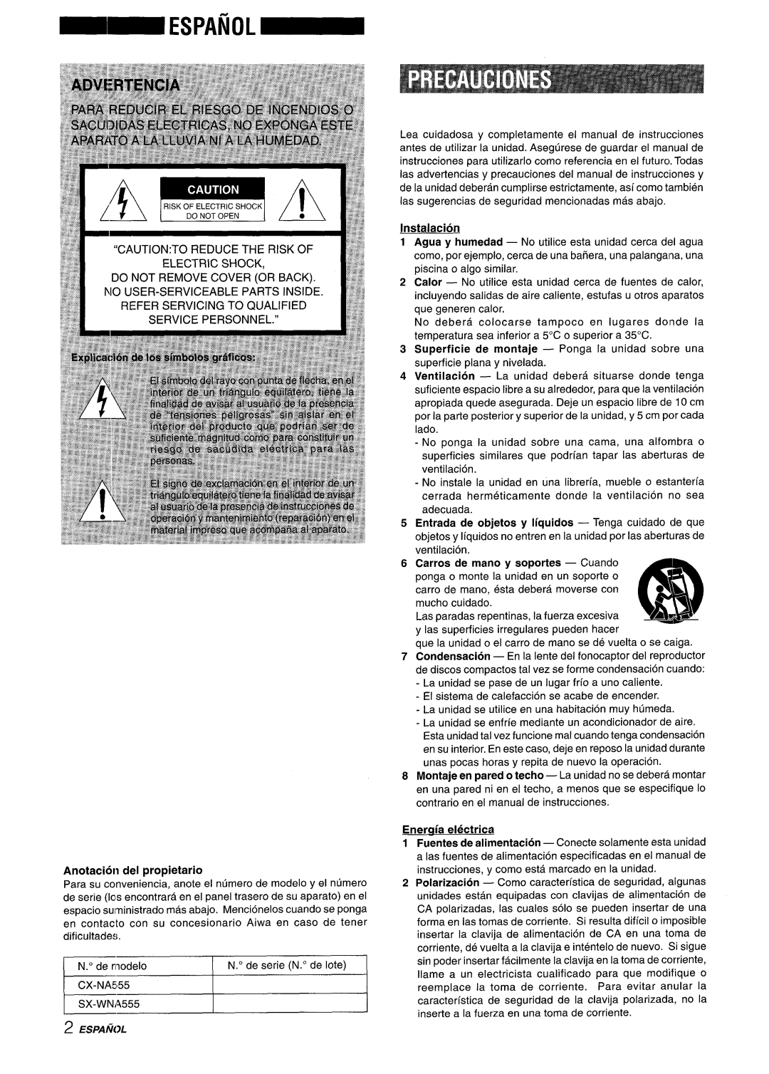 Aiwa NSX-A555 manual Espanol~, Anotacion del propietario 