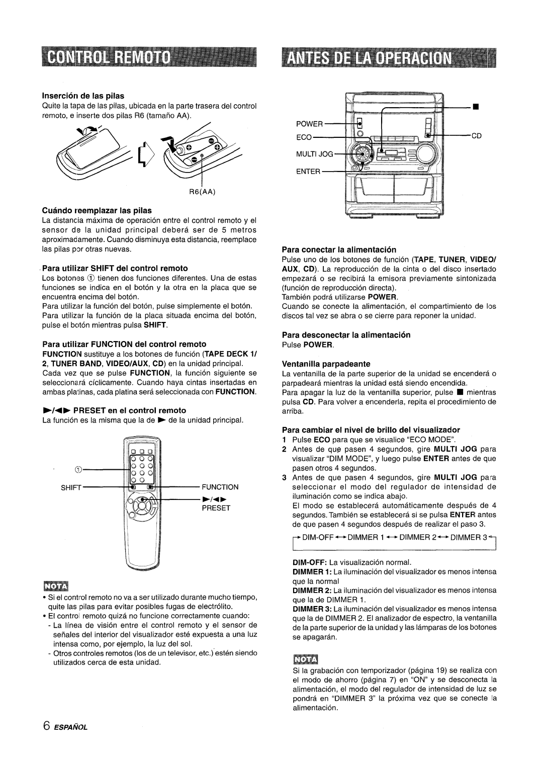 Aiwa NSX-A555 manual Insertion de Ias pilas, Cuando reemplazar Ias pilas, Para utilizar Shift del control remoto 