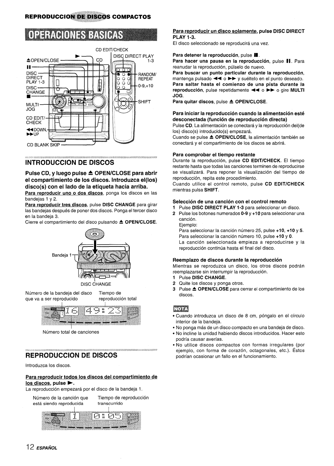 Aiwa NSX-A555 manual Para reproducer un disco solamente, pulse Disc Direct Play, Para comprobar e! tiempo restante 