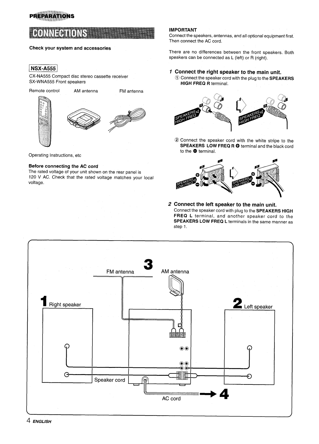 Aiwa NSX-A555 Connect the right speaker to the main unit, Connect the left speaker to the main unit, Speaker co ~+ AC cord 