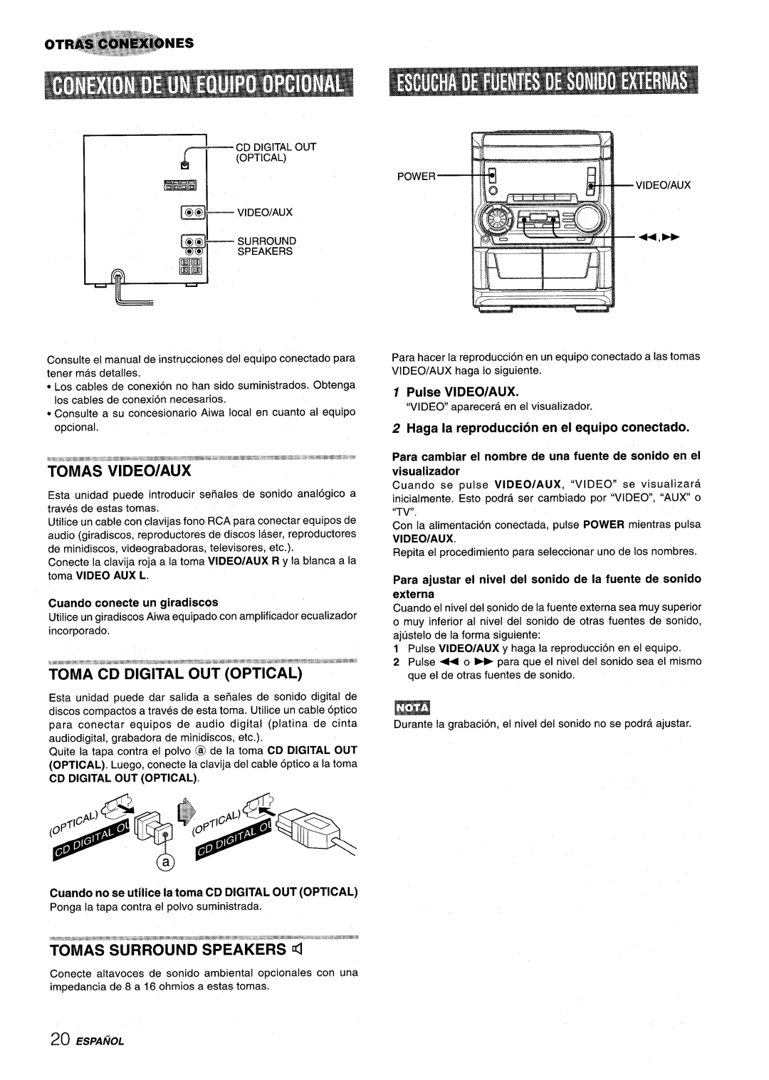 Aiwa NSX-A555 manual Cuando conecte un giradiscos, Cuando no se utilice la toma CD Digital OUT Optical, Pulse VIDEO/AUX 