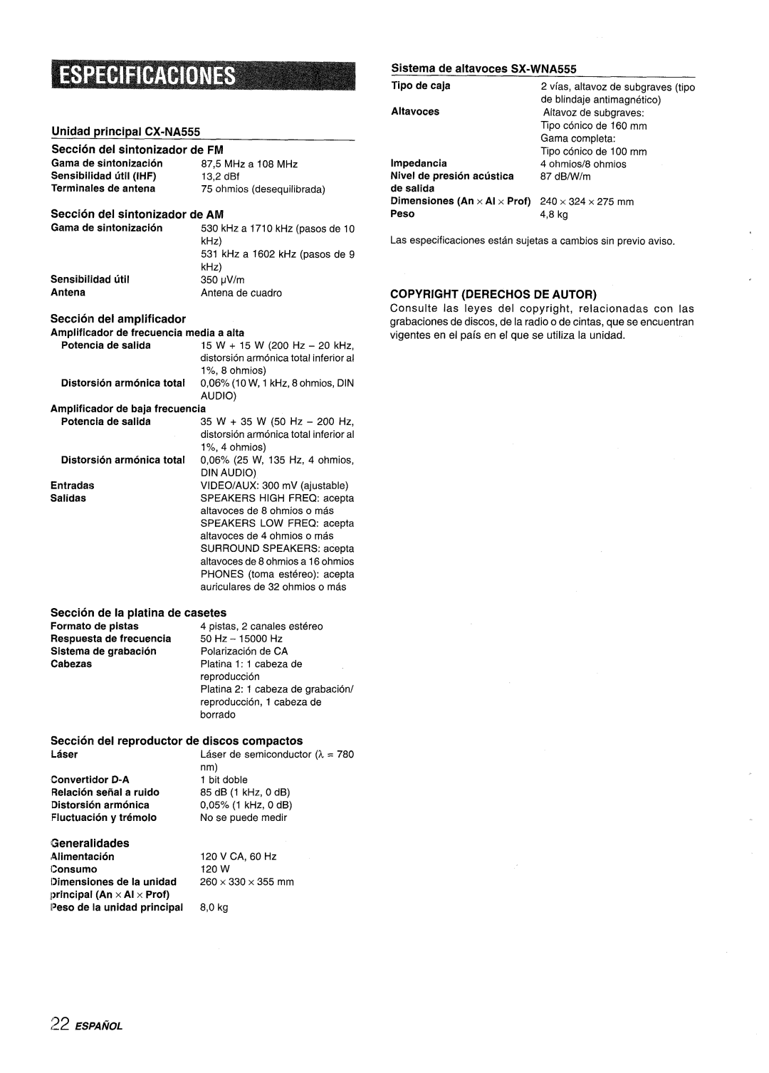 Aiwa NSX-A555 manual Copyright Derechos DE Autor 