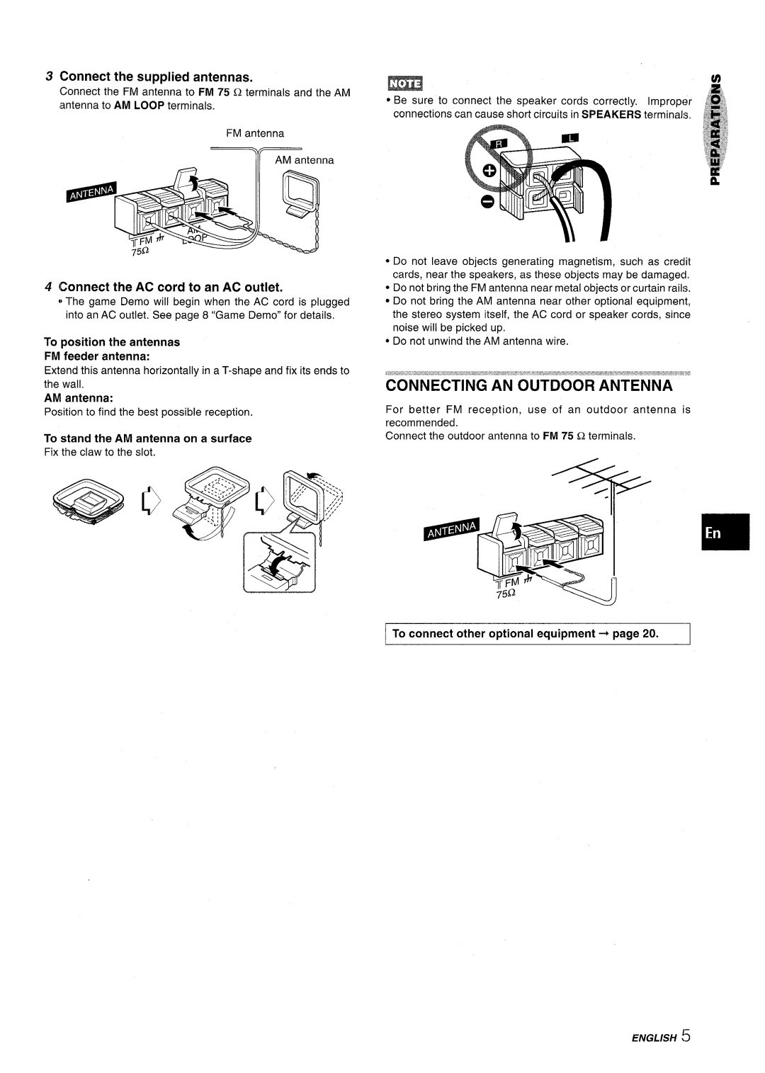 Aiwa NSX-A555 manual Connecting AN Outdoor Antenna, Connect the supplied antennas, Connect the AC cord to an AC outlet 