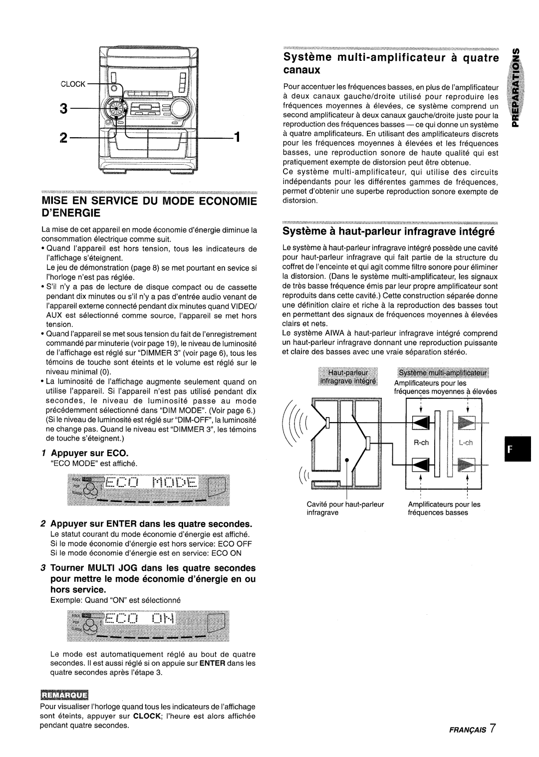 Aiwa NSX-A555 manual ’Energie, Appuyer sur ECO, Appuyer sur Enter clans Ies quatre secondes, Quatre secondes apres I’etape 