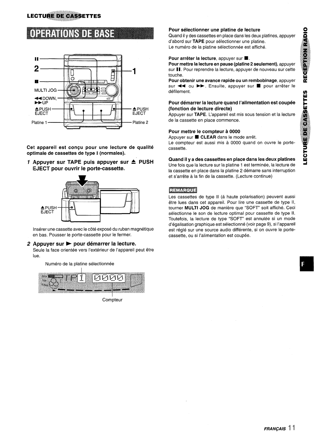 Aiwa NSX-A555 Push, Pour selectionner une platine de lecture, De lecture directe Appuyer, De la cassette en place commence 