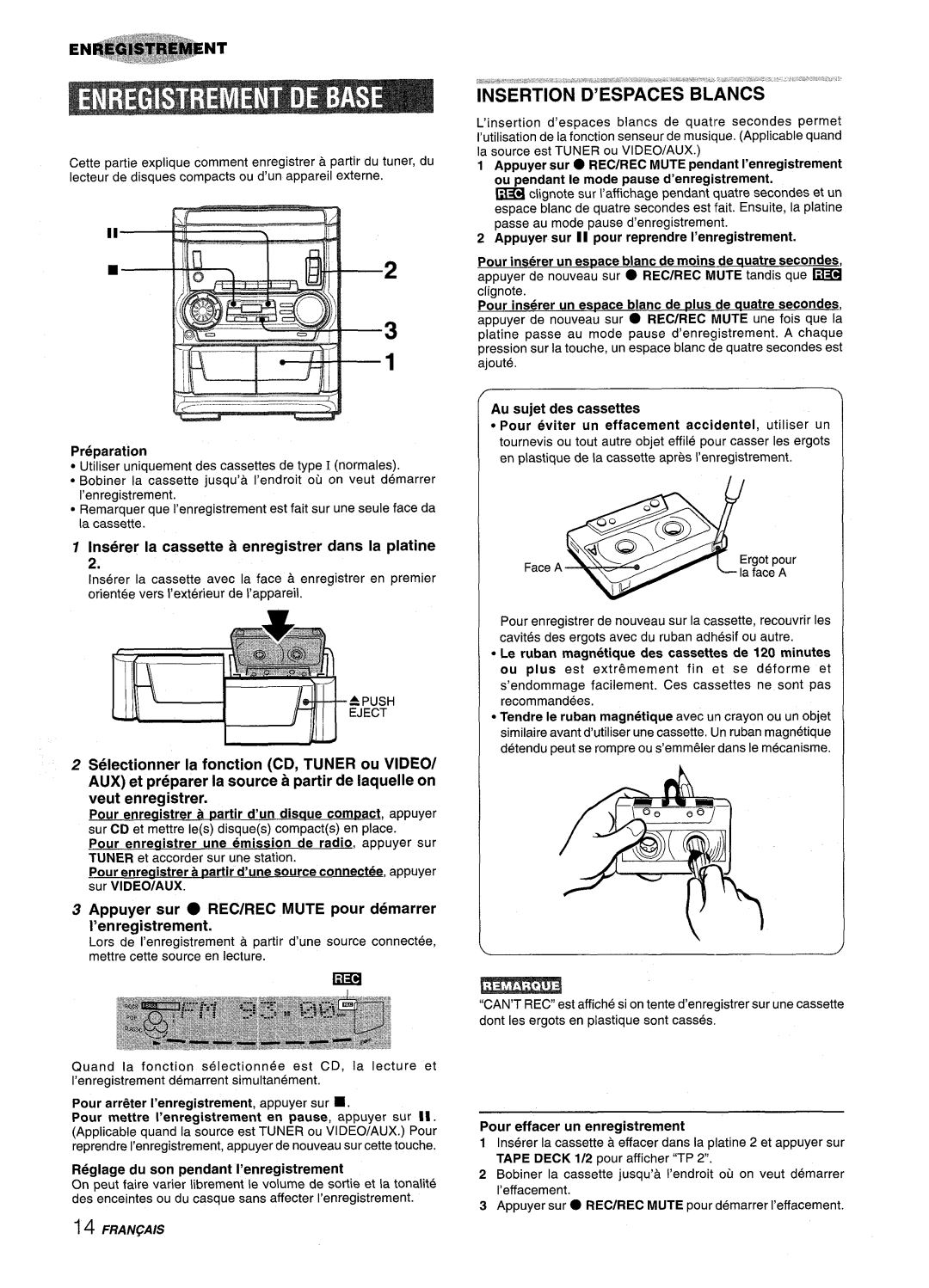 Aiwa NSX-A555 manual Inserer la cassette a enregistrer clans la platine, ’enregistrement, Push Eject 