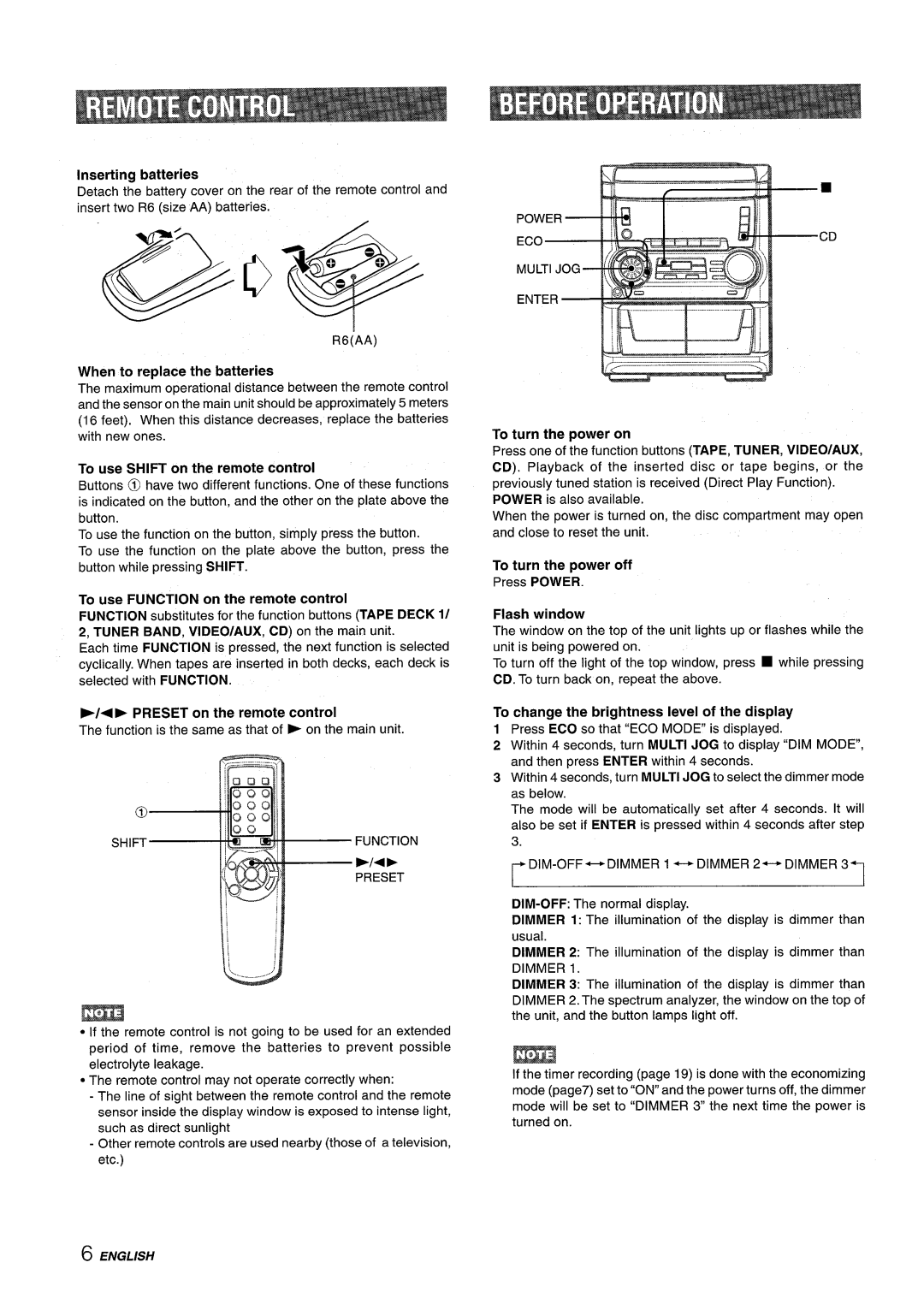 Aiwa NSX-A555 Inserting batteries, To use Shift on the remote control, To use Function on the remote control, Flash window 