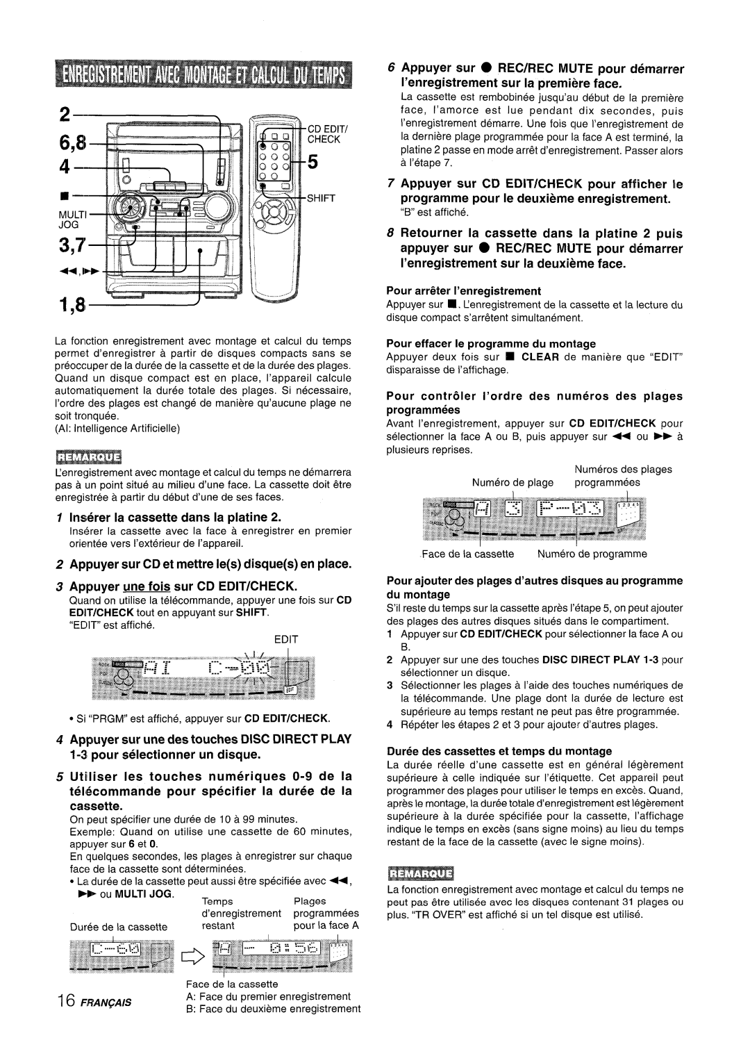 Aiwa NSX-A555 manual Irmerer la cassette clans la platine, EDW/CHECK tout en appuyant sur Shift, Ou Multi JOG 