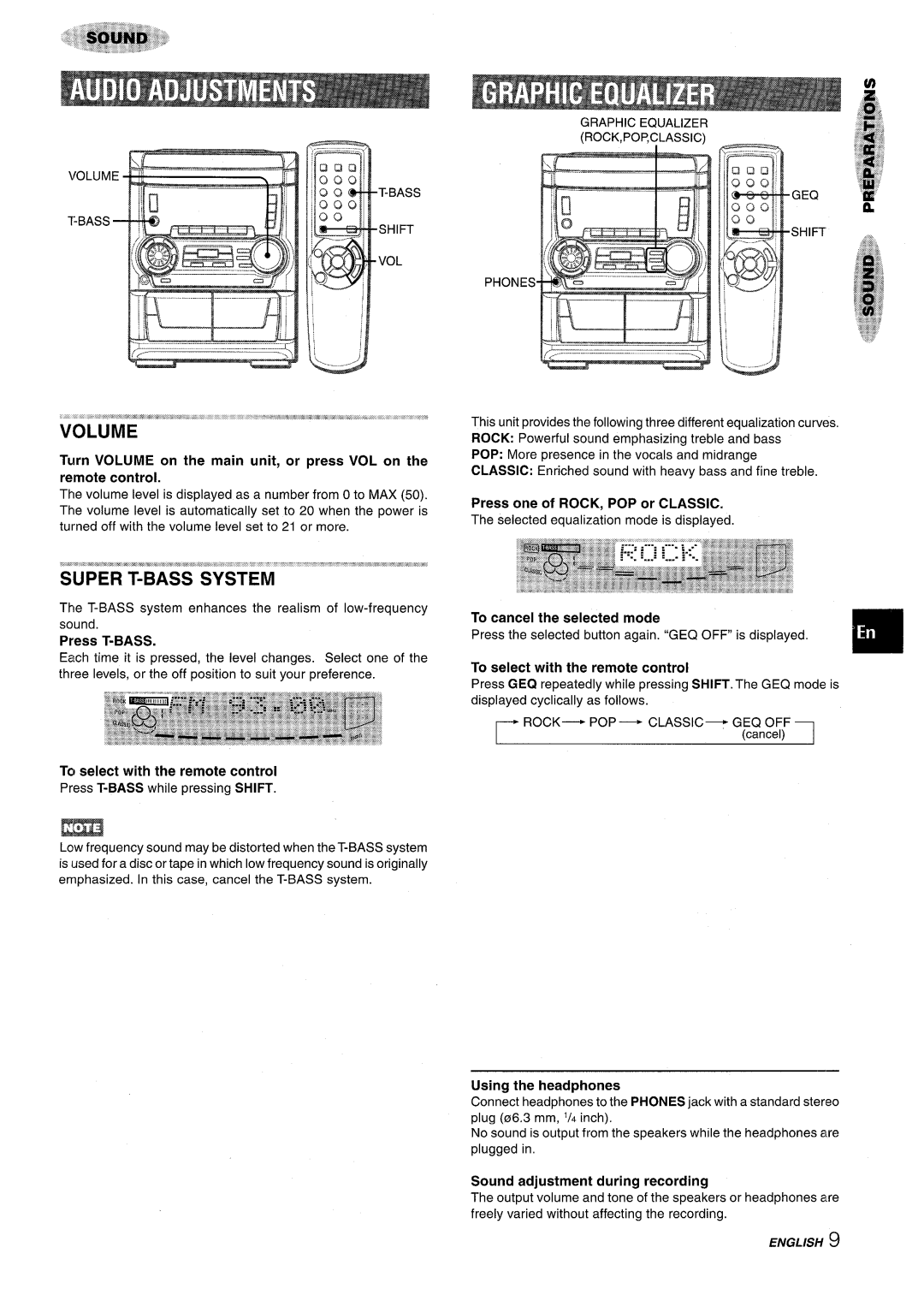 Aiwa NSX-A555 manual To select with the remote control, Press one of ROCK, POP or Classic, To cancel the selected mode 