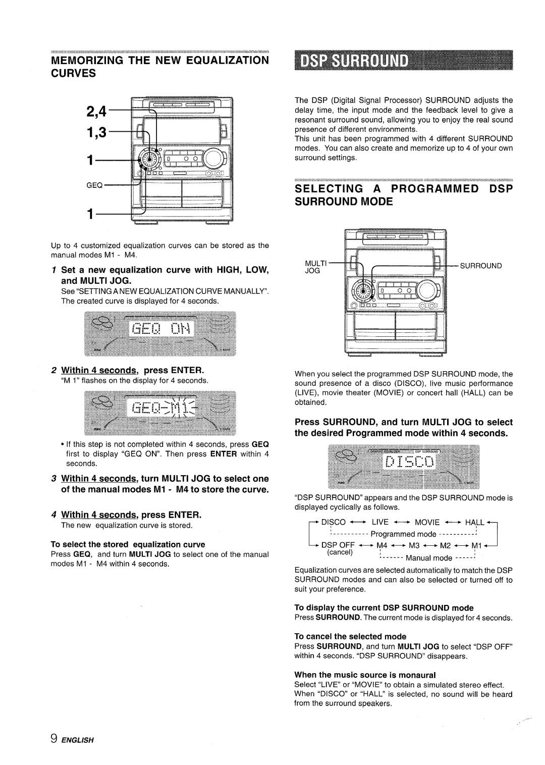 Aiwa NSX-A909 manual Set a new equalization curve with HIGH, LOW, and Multi JOG, Within 4 seconds, press Enter 