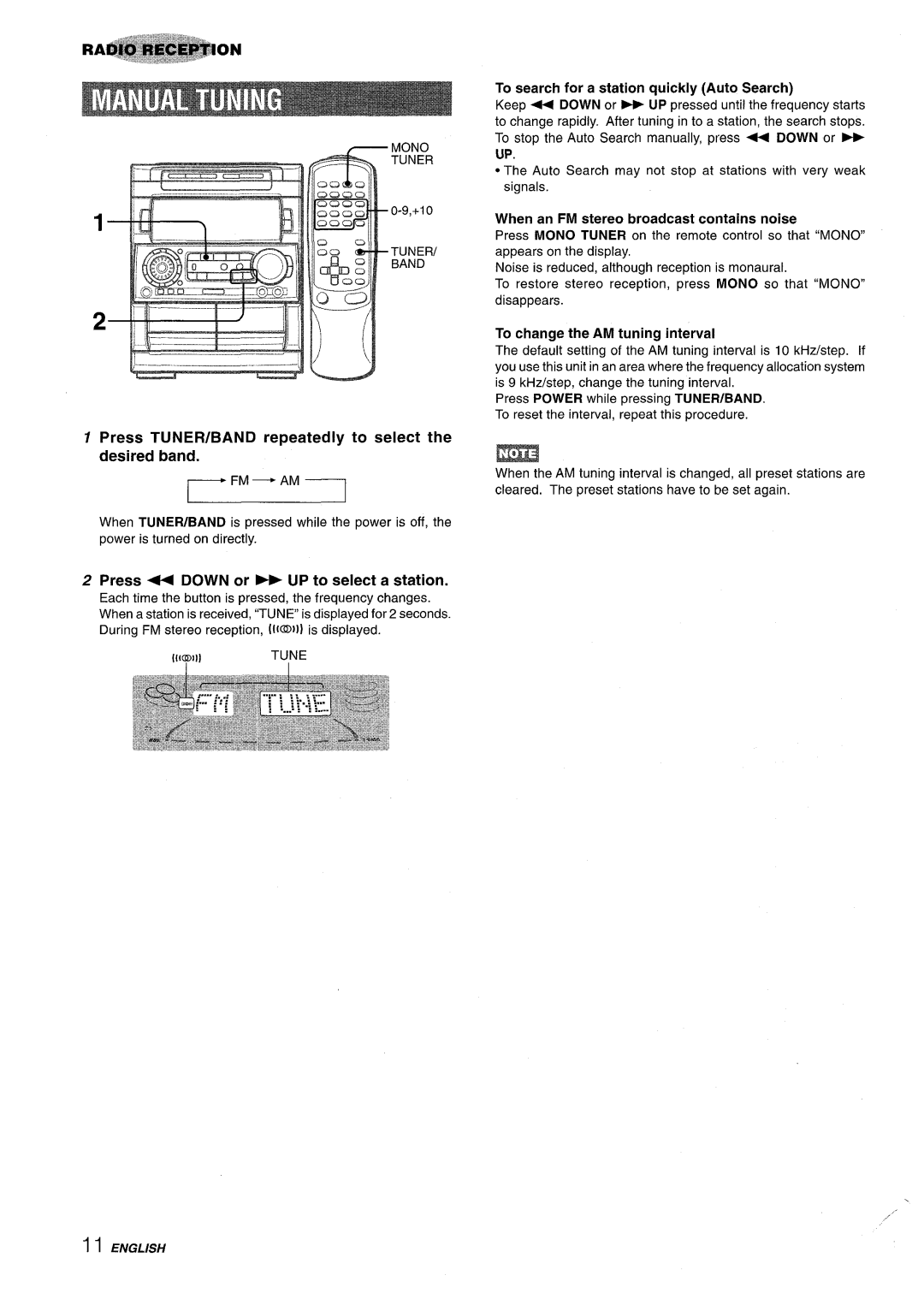 Aiwa NSX-A909 manual Press TUNER/BAND repeatedly to select the desired band, To search for a station quickly Auto Search 