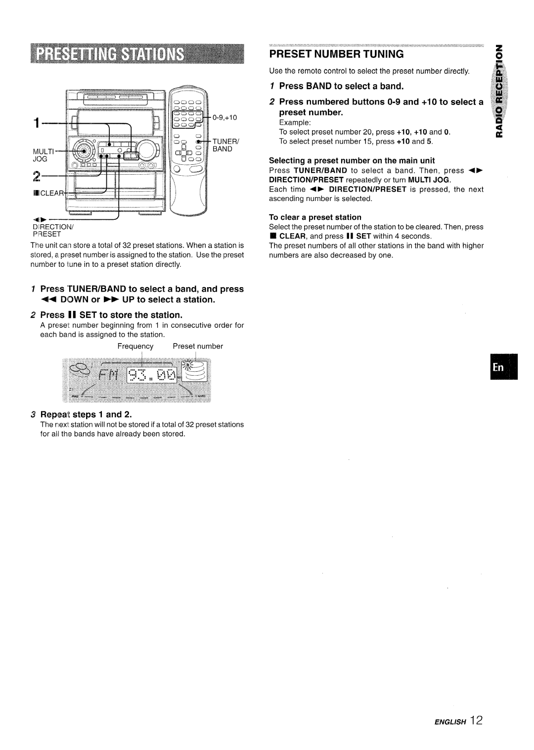 Aiwa NSX-A909 manual Repea’lt steps 1, ‘~,~j~ g, Selecting a preset number on the main unit, To clear a preset station 