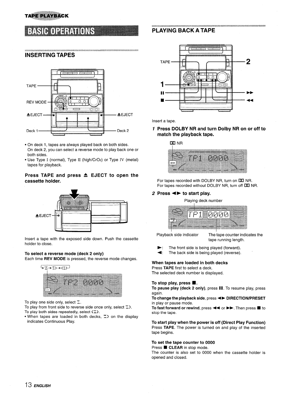 Aiwa NSX-A909 Cassette holder, Press 4 to start play, When tapes are loaded in both decks, To set the tape counter to 