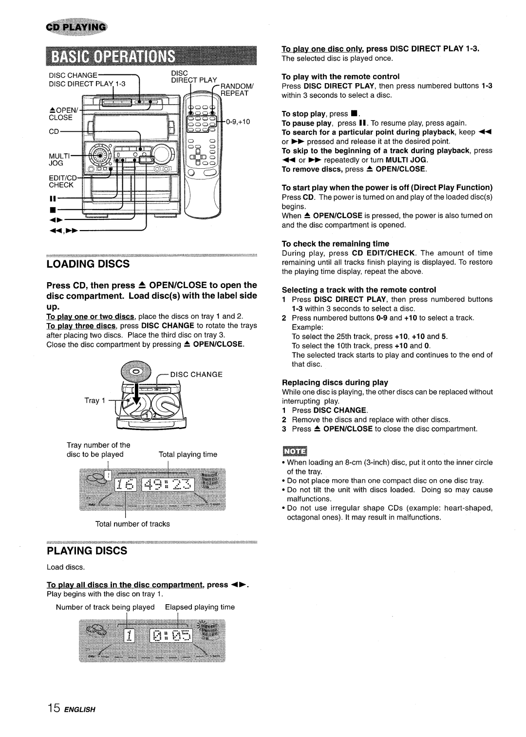 Aiwa NSX-A909 Loading Discs, To Dlav one disc only. press Disc Direct Play, Selecting a track with the remote control 