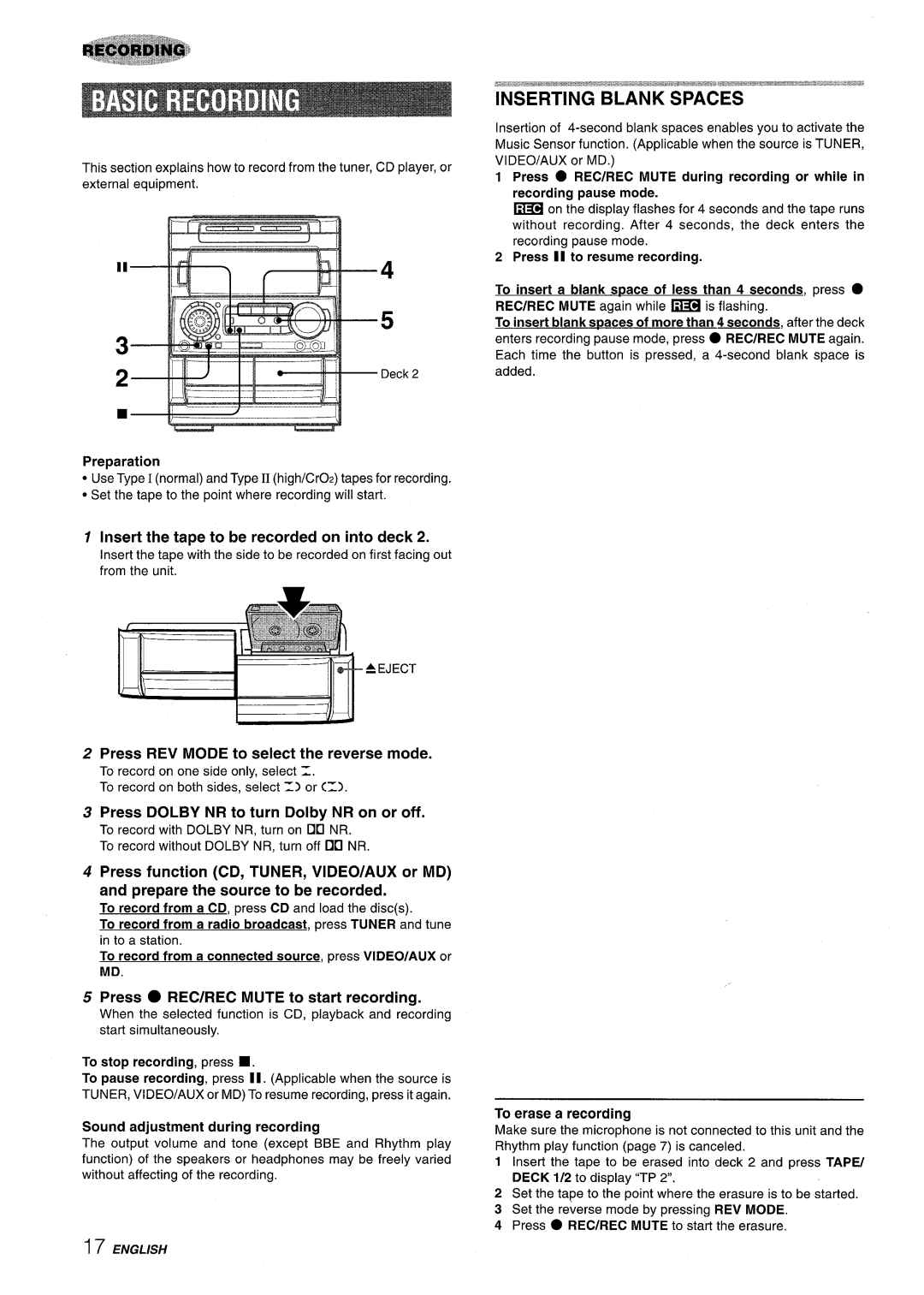 Aiwa NSX-A909 Inserting Blank Spaces, Insert the tape to be recorded on into deck, Press REC/REC Mute to start recording 