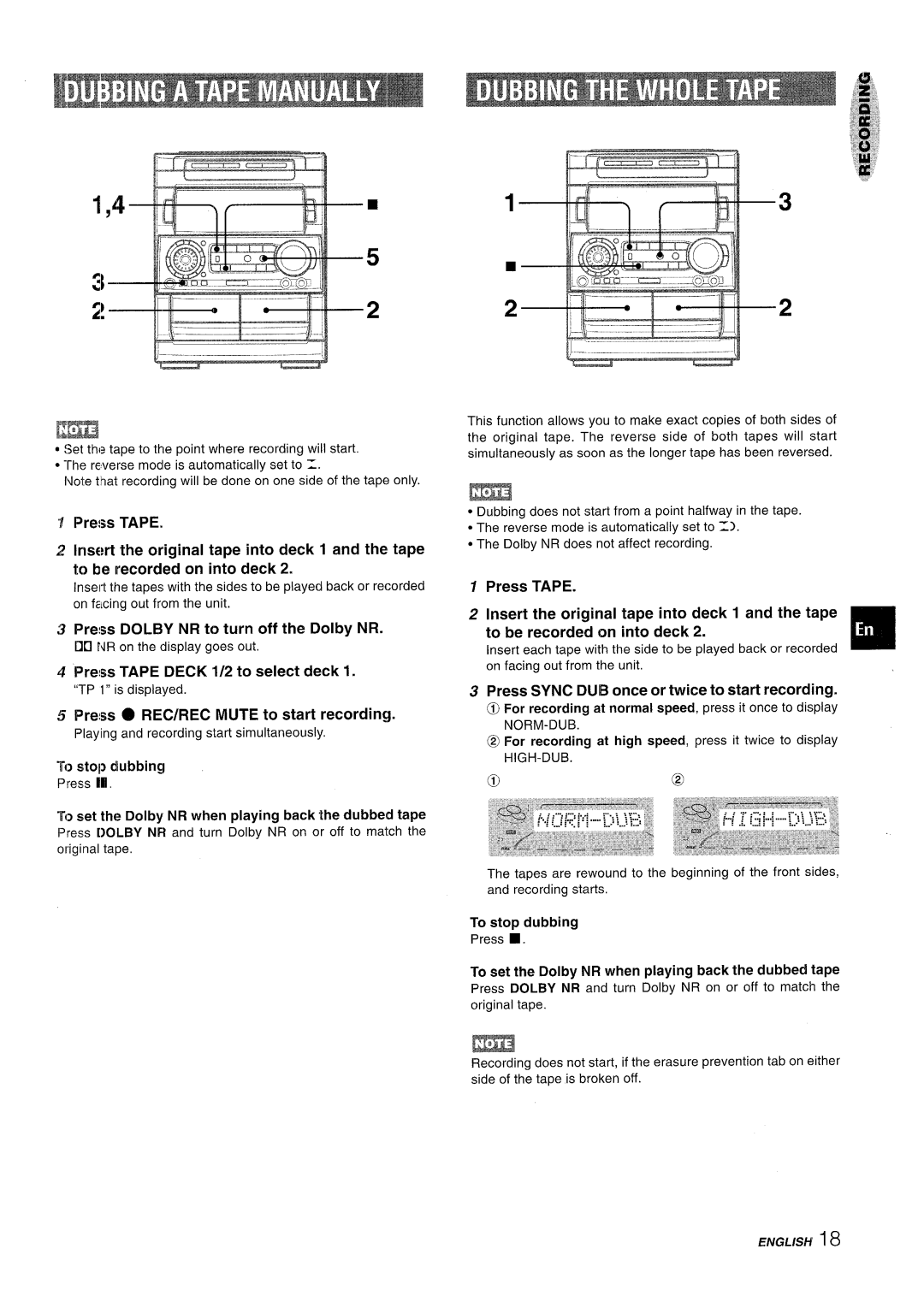 Aiwa NSX-A909 manual Press Dolby NR to turn off the Dolby NR, Pre!ss Tape Deck 1/2 to select deck 