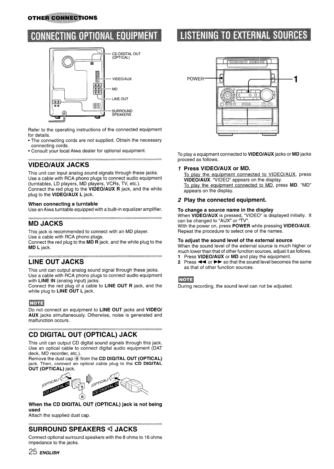 Aiwa NSX-A909 manual VIDEO/AUX Jacks, MD Jacks, Press VIDEO/AUX or MD, Play the connected equipment 