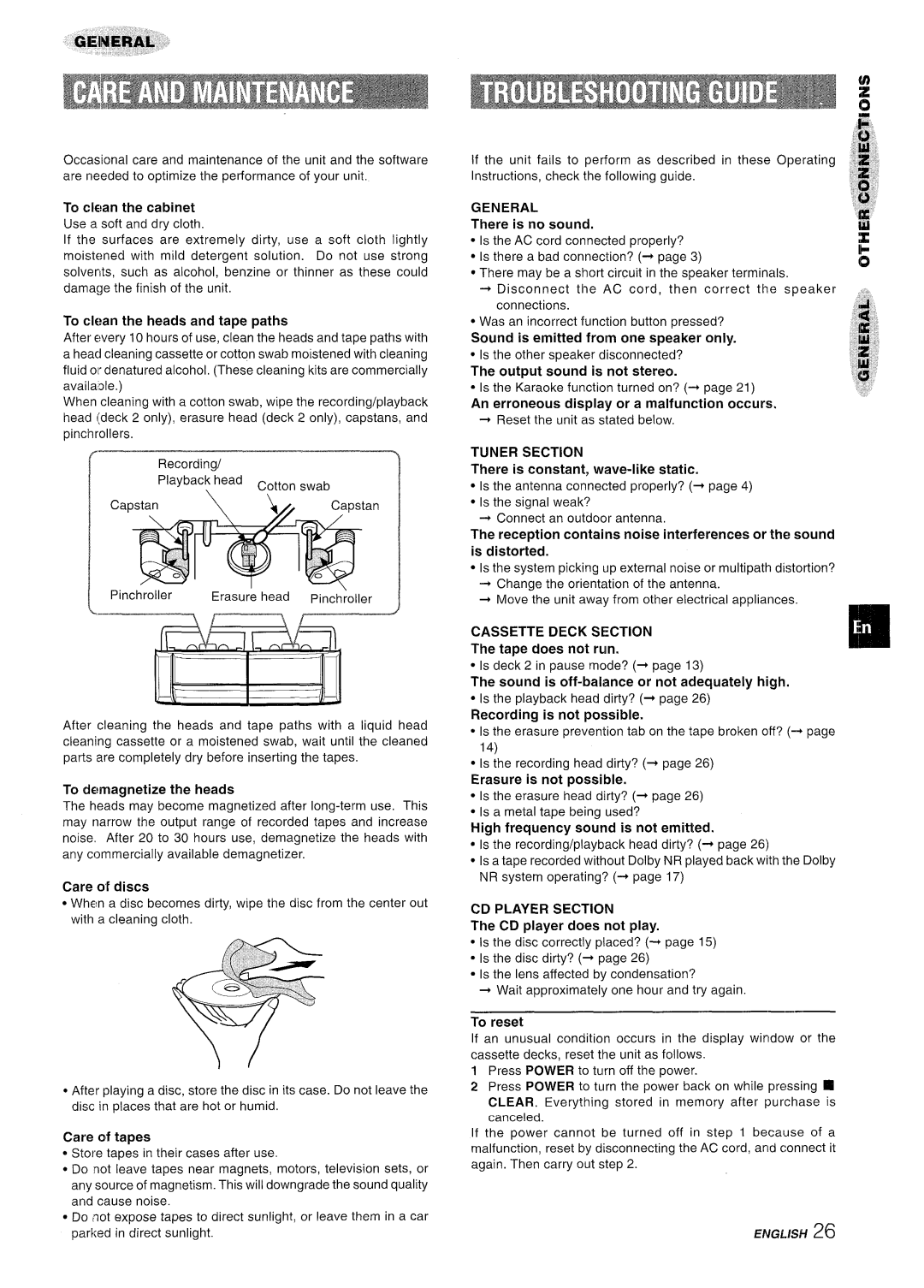 Aiwa NSX-A909 manual To clean the cabinet, To clean the heads and tape paths, There is no sound, Output sound is not stereo 