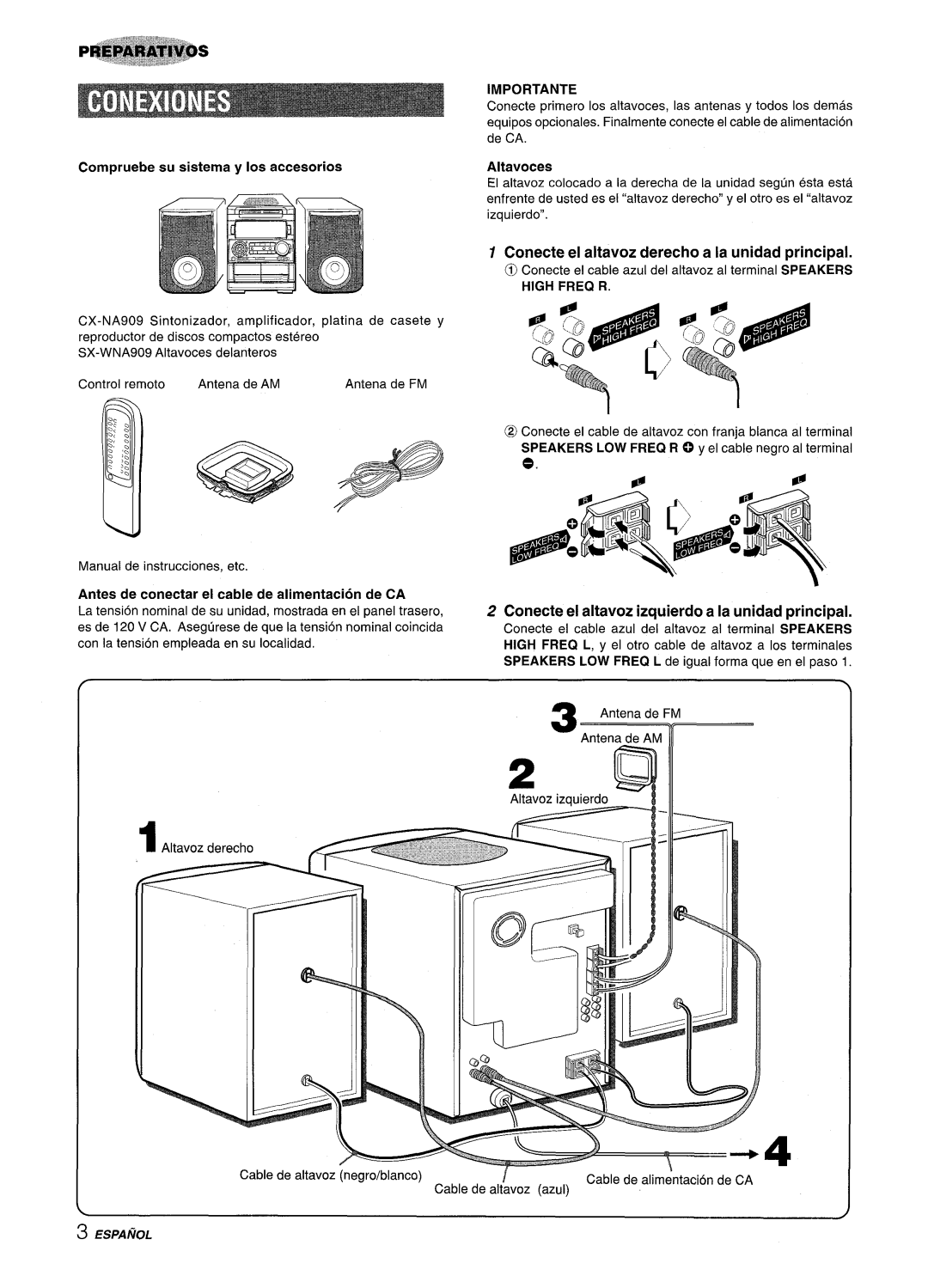 Aiwa NSX-A909 manual Compruebe su sistema y Ios accesorios, Antes de conectar el cable de alimentacion de CA 