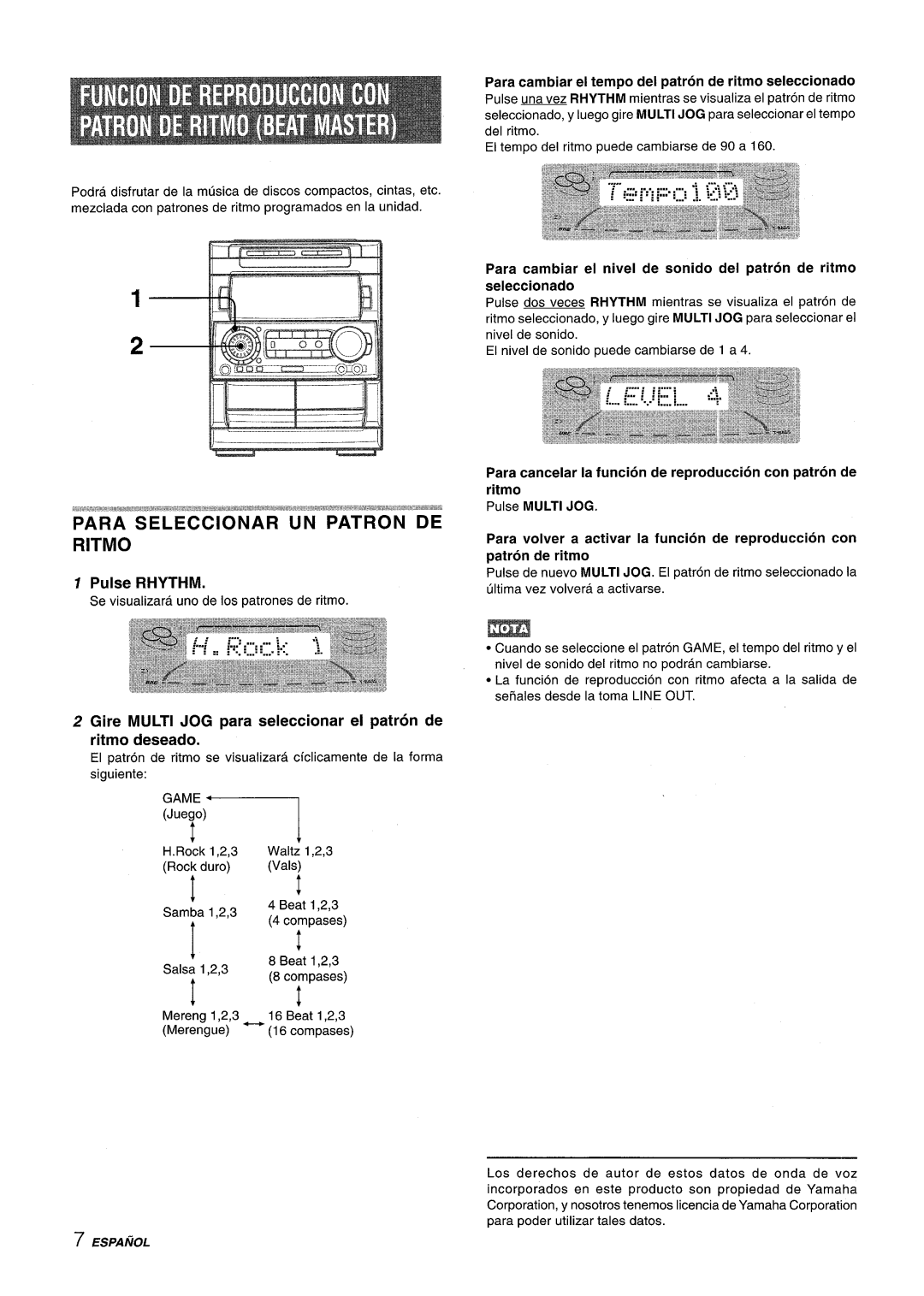 Aiwa NSX-A909 Para Seleccionar UN Patron DE Ritmo, Pulse Rhythm, Para cambiar el tempo del patron de ritmo seleccionado 