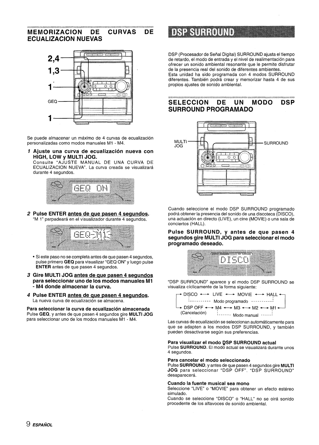 Aiwa NSX-A909 manual Memorization DE Curvas DE Ecualizacion Nuevas, HIGH, LOW y Multi JOG 