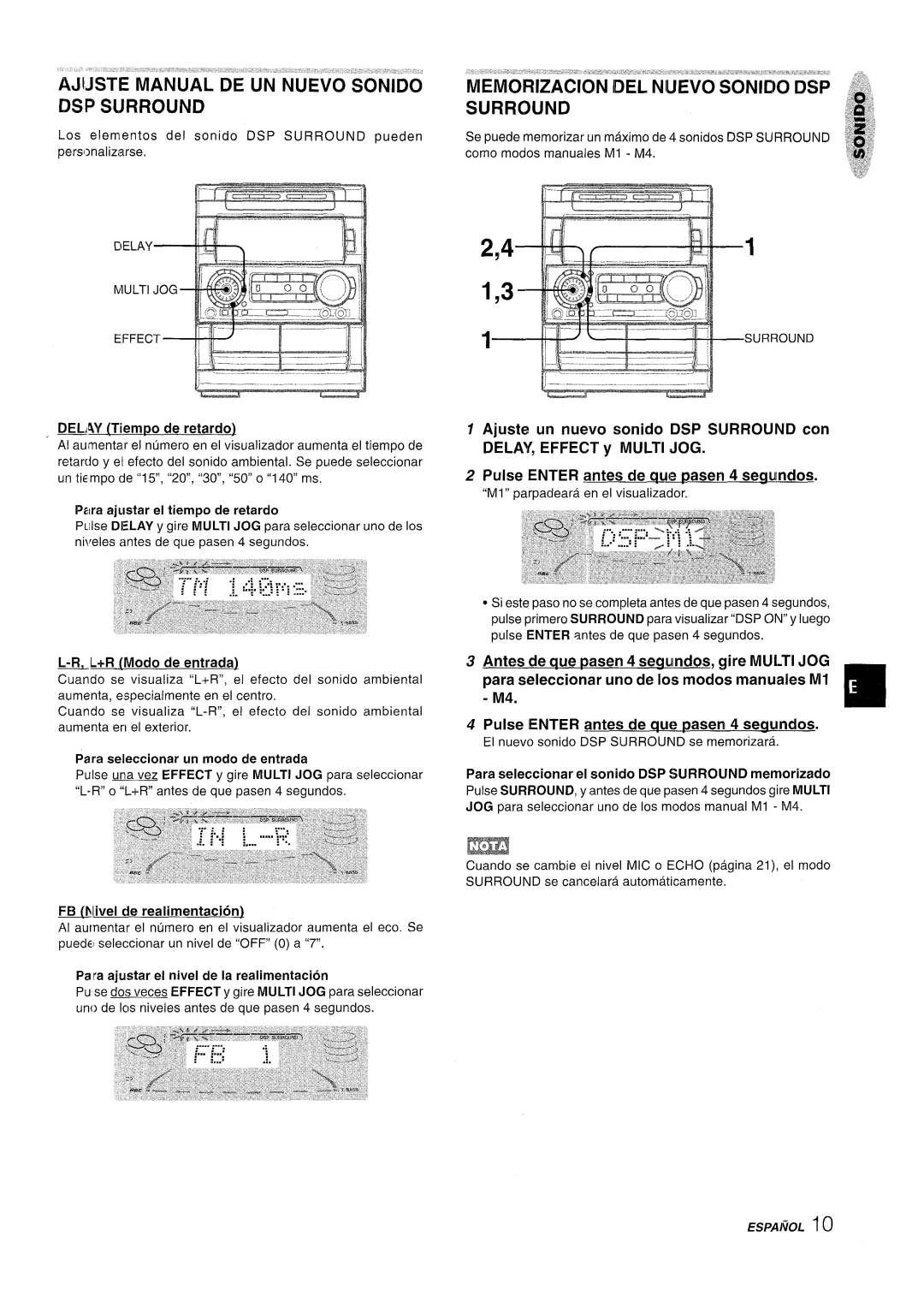 Aiwa NSX-A909 manual Ajjste Manualde UN Nuevo, DSP Sijrround Surround, Fihlivel de realimentacion 