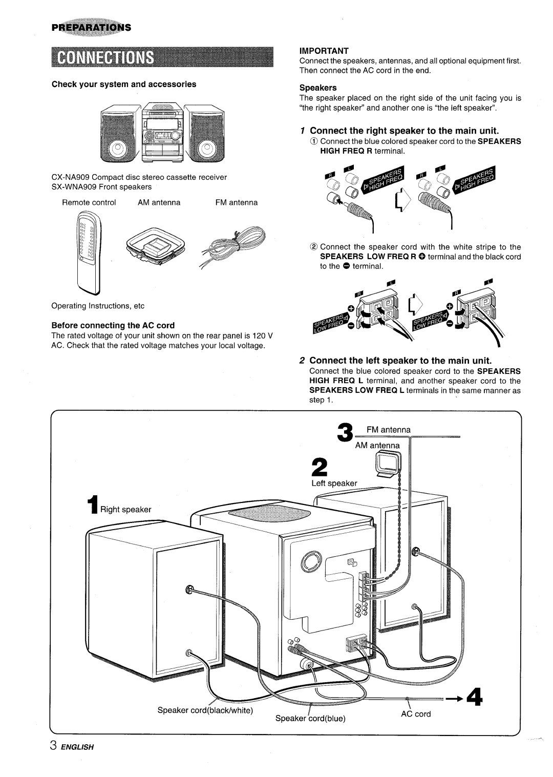 Aiwa NSX-A909 manual Check your system and accessories, Speakers, Connect the right speaker to the main unit 