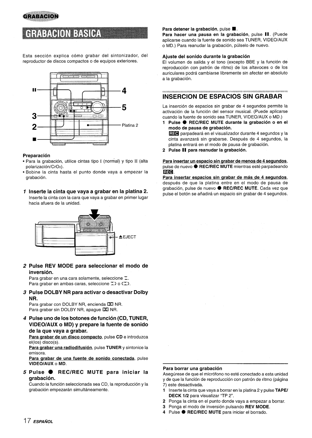 Aiwa NSX-A909 manual Insercion DE Espacios SIN Grabar 