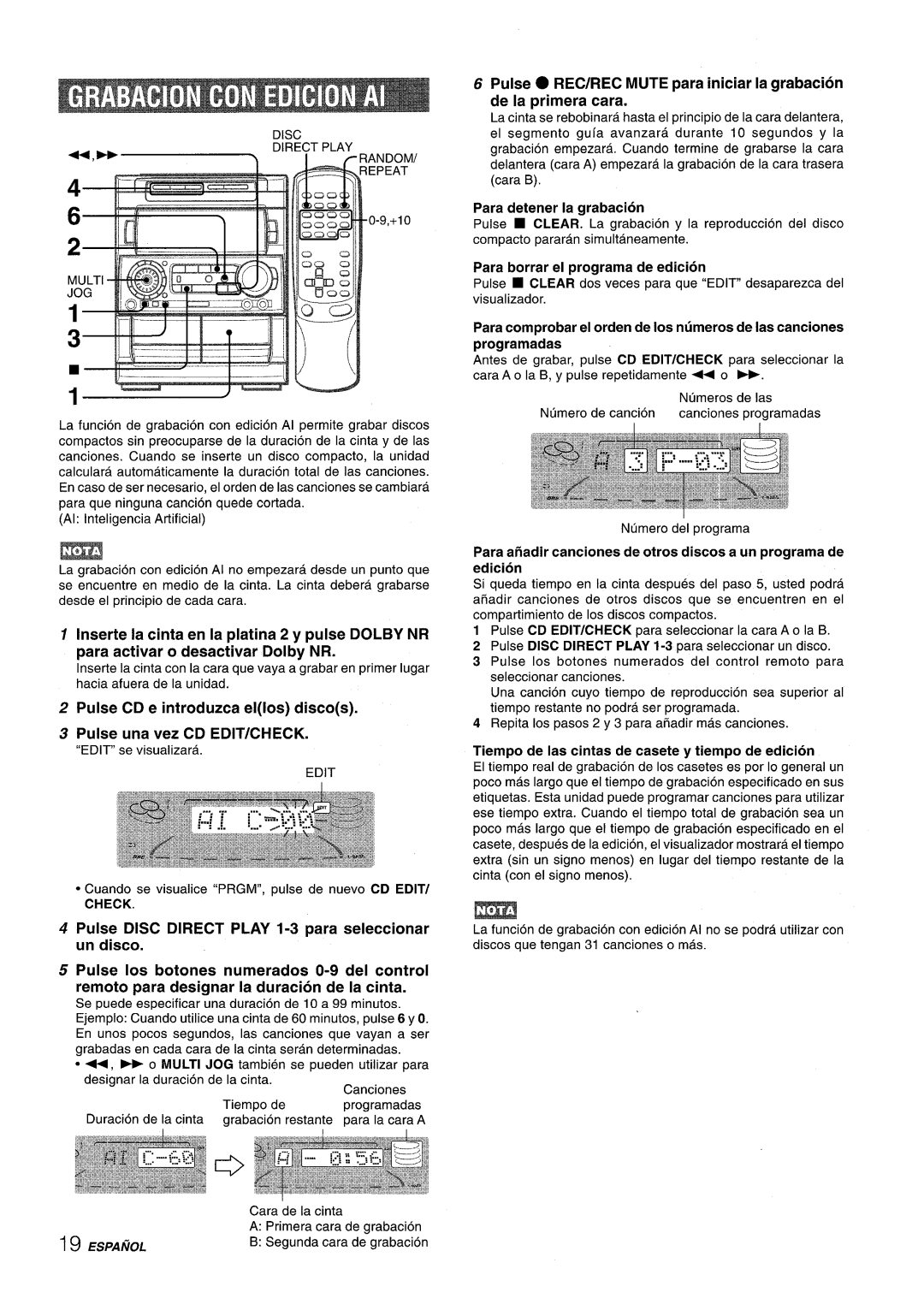 Aiwa NSX-A909 manual Para detener la grabacion, Para borrar el programa de edition, Disc Andomi Epeat 