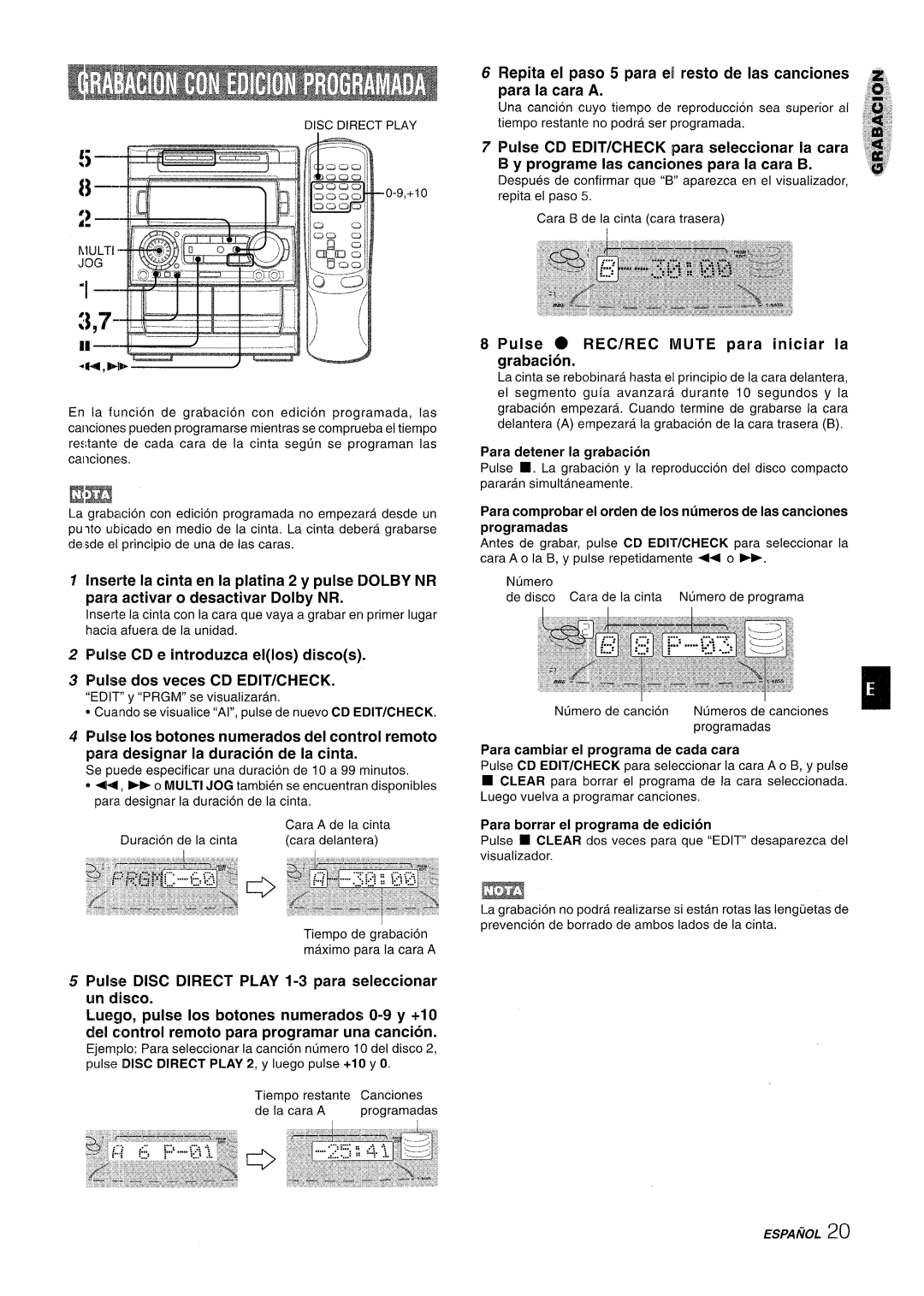 Aiwa NSX-A909 manual Pulse Recirec Mute para iniciar la grabacion, Para cambiar el programa de cada cara 