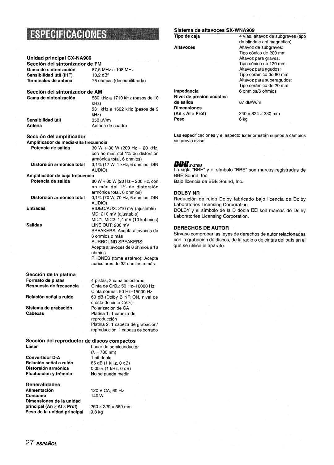 Aiwa NSX-A909 manual Sistema de altavoces SX-WNA909 