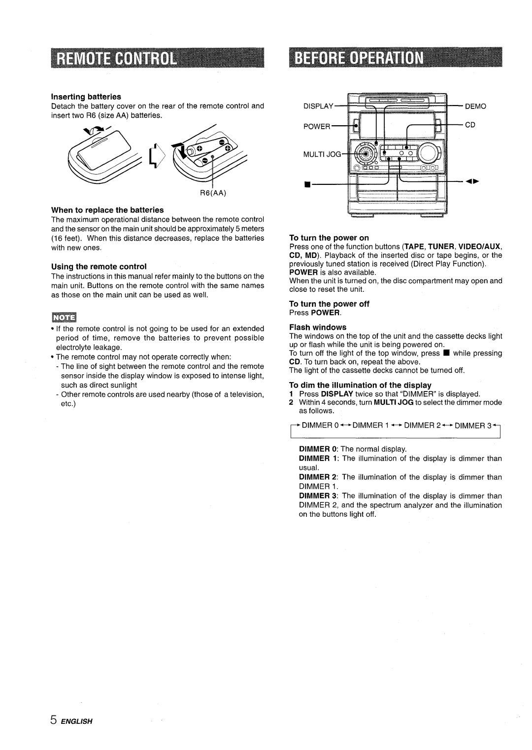 Aiwa NSX-A909 LLmm&-.=, When to replace the batteries, Using the remote control, To turn the power off, Flash windows 