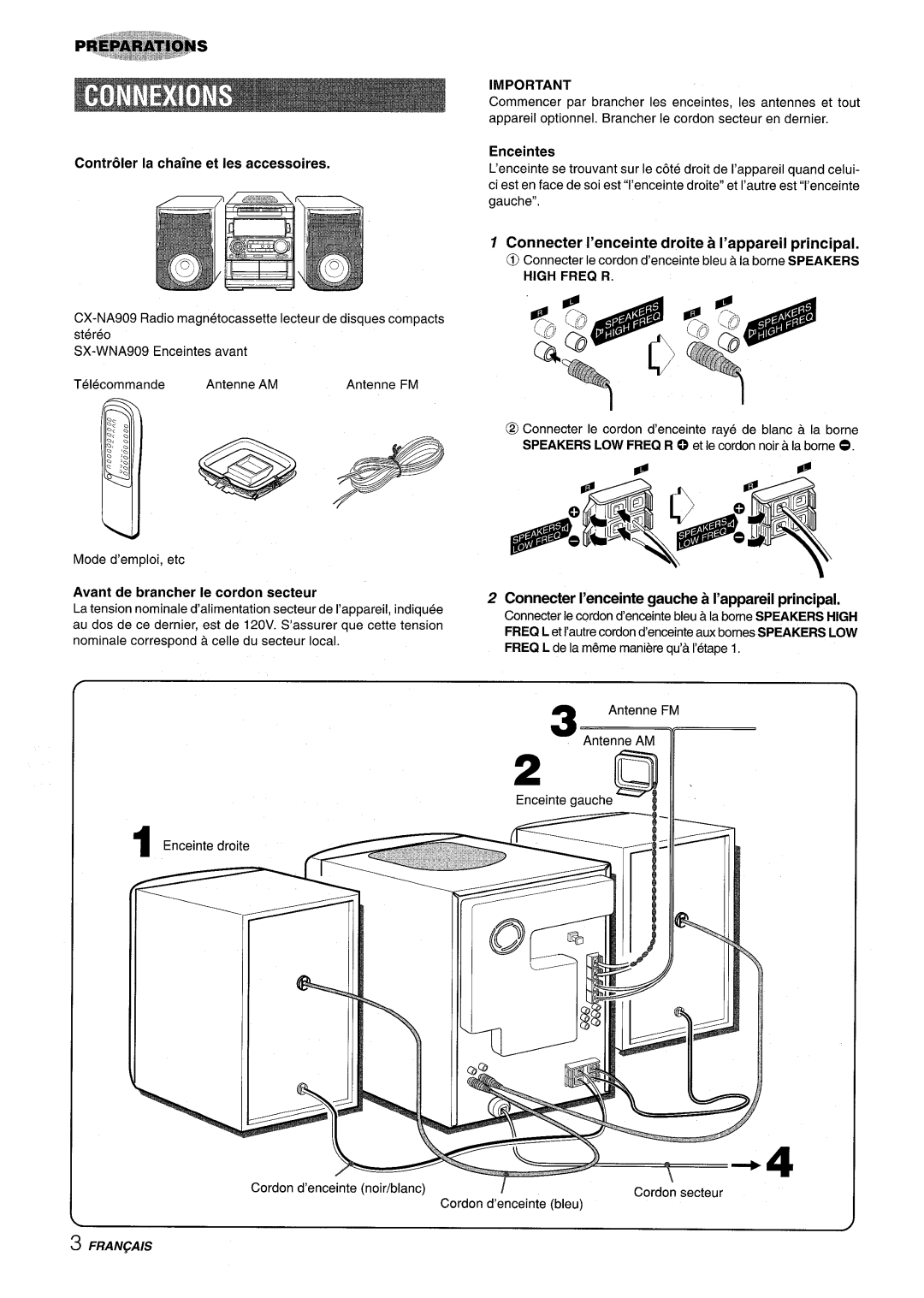 Aiwa NSX-A909 manual Connecter I’enceinte droite a I’appareil principal, Enceintes Contr61er la chaine et Ies accessoires 