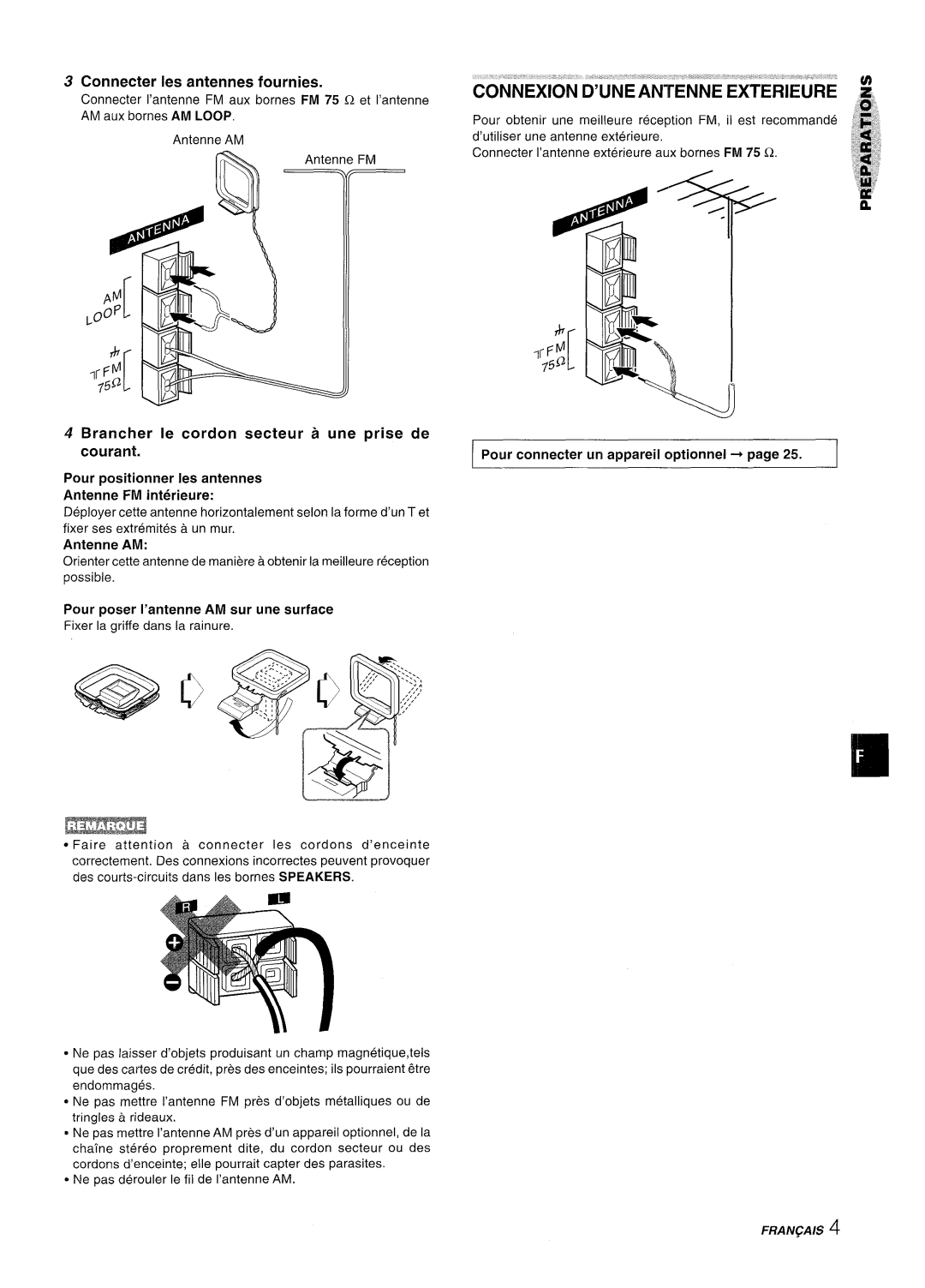 Aiwa NSX-A909 manual Connecter Ies antennes fournies, Brancher Ie cordon secteur a une prise de Courant 