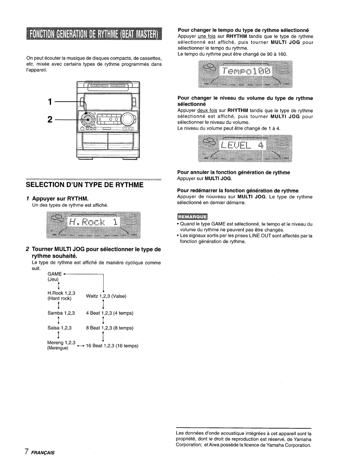 Aiwa NSX-A909 manual Appuyer sur Rythm, Pour annuler la fonction generation de rythme 