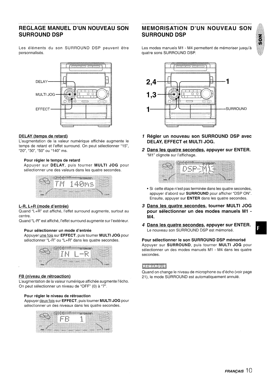 Aiwa NSX-A909 L+FI mode d’entree, Polur regler Ie niveau de retraction, Pour selectionner Ie son Surround DSP memoris6 