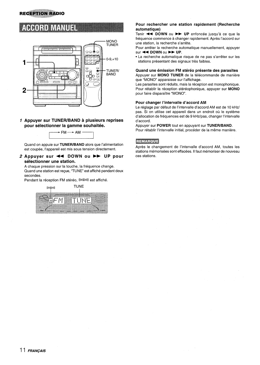 Aiwa NSX-A909 Quand une emission FM stereo presente des parasites, Appuyer sur +4 Down ou UP pour selectionner une station 