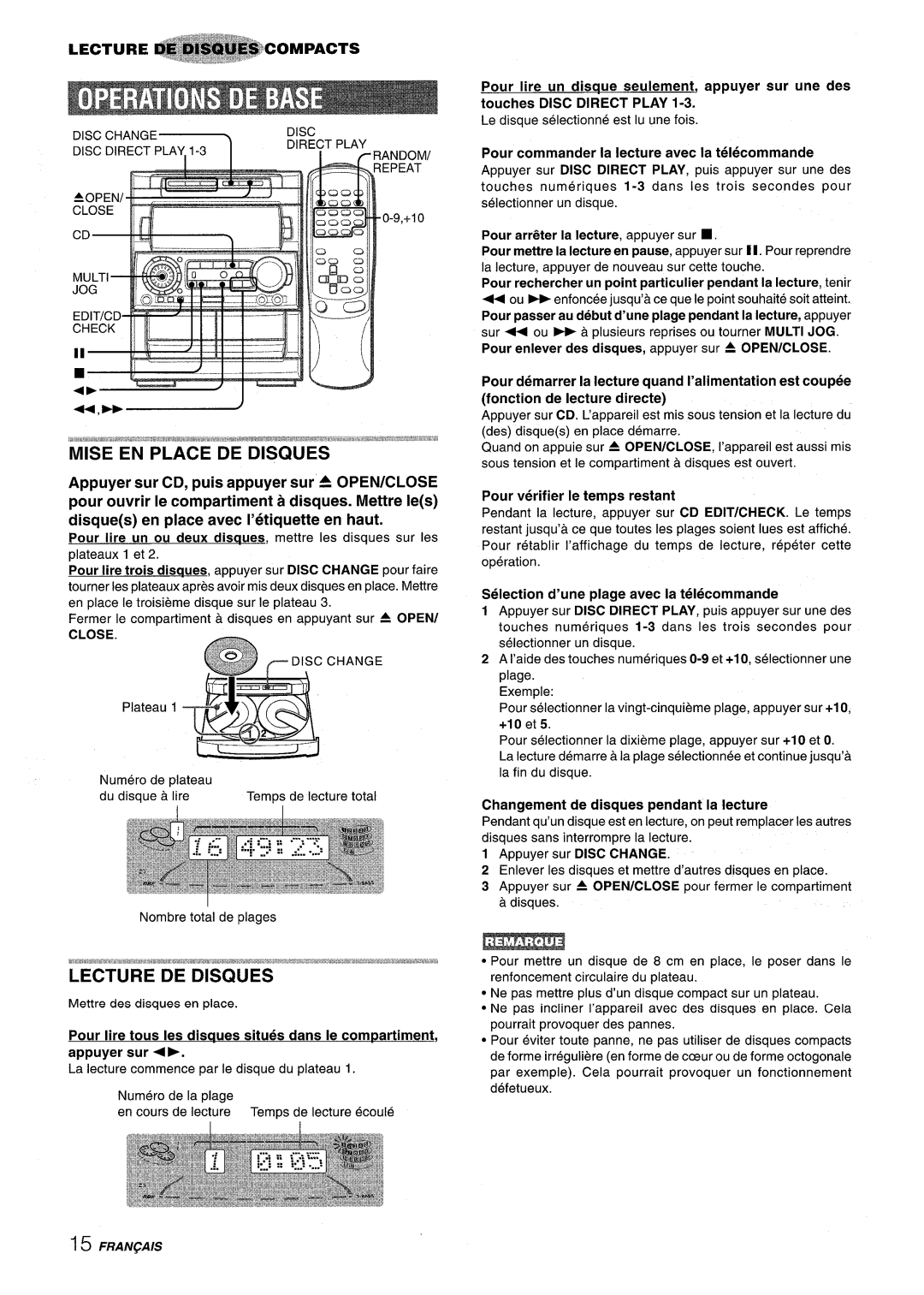 Aiwa NSX-A909 Pour Iire un ou deux disaues, mettre Ies disques sur Ies, Pour commander la lecture avec la telecommande 