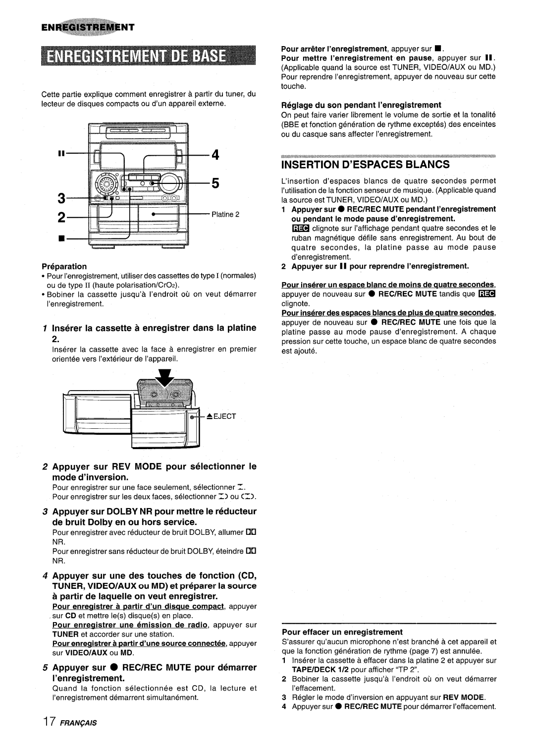 Aiwa NSX-A909 manual Appuyer sur REV Mode pour selectionner e mode d’inversion, Pour effacer un enregistrement 