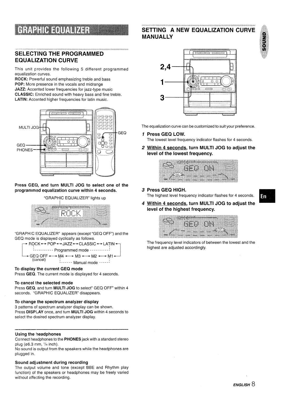 Aiwa NSX-A909 manual Selecting the Programmed Equalization Curve, Setting a NEW Equalization Curve Manually, Press GEQ LOW 