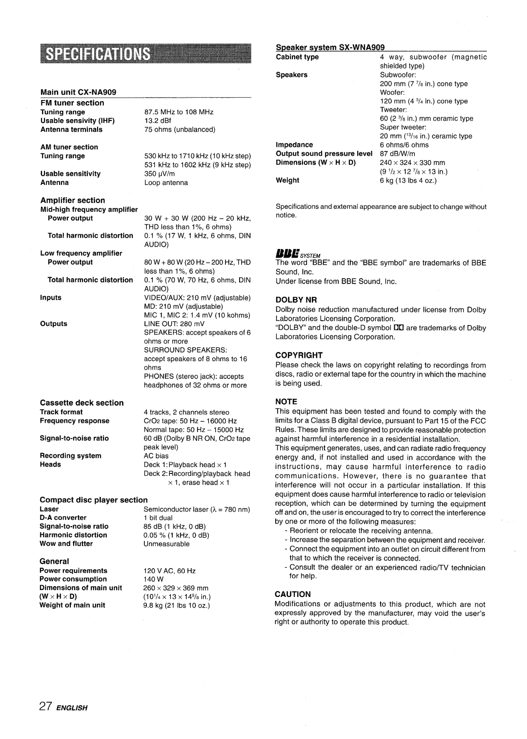 Aiwa NSX-A909 manual English, Bbesystem 