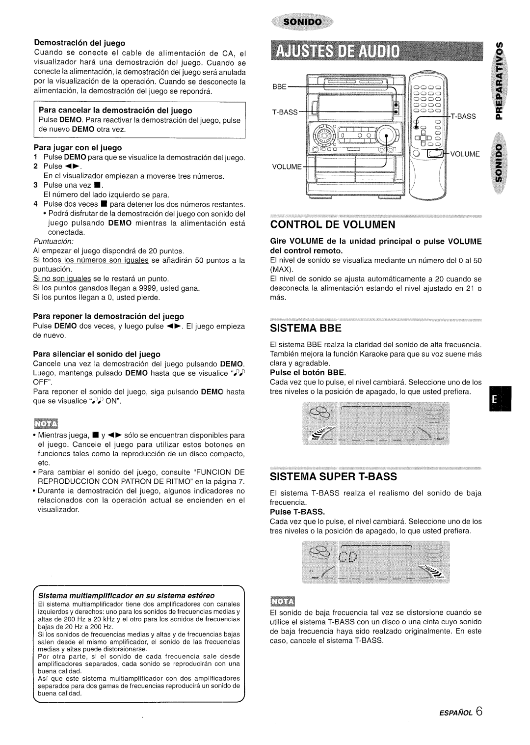 Aiwa NSX-A909 Control De!‘Volumen, Sistema Super T-Bass, Demoetracion del juego, LPara cancelar la demostracion del juego 