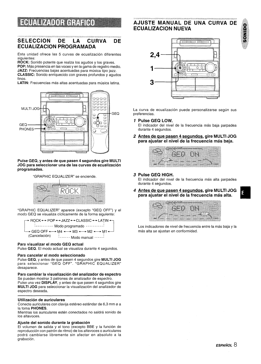 Aiwa NSX-A909 manual Ecualizacion Programada, Para visualizer el modo GEQ actual, Para carrcelar el modo seleccionado 