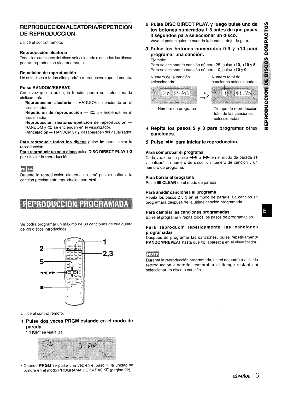 Aiwa NSX-A909 ESPAfiOL16, RE!PFWDUCCION’ALEATORli/REPETITION DE REPRODUCTION, Pulse, Disc, Direct, PLAY, y Iuego pulse 