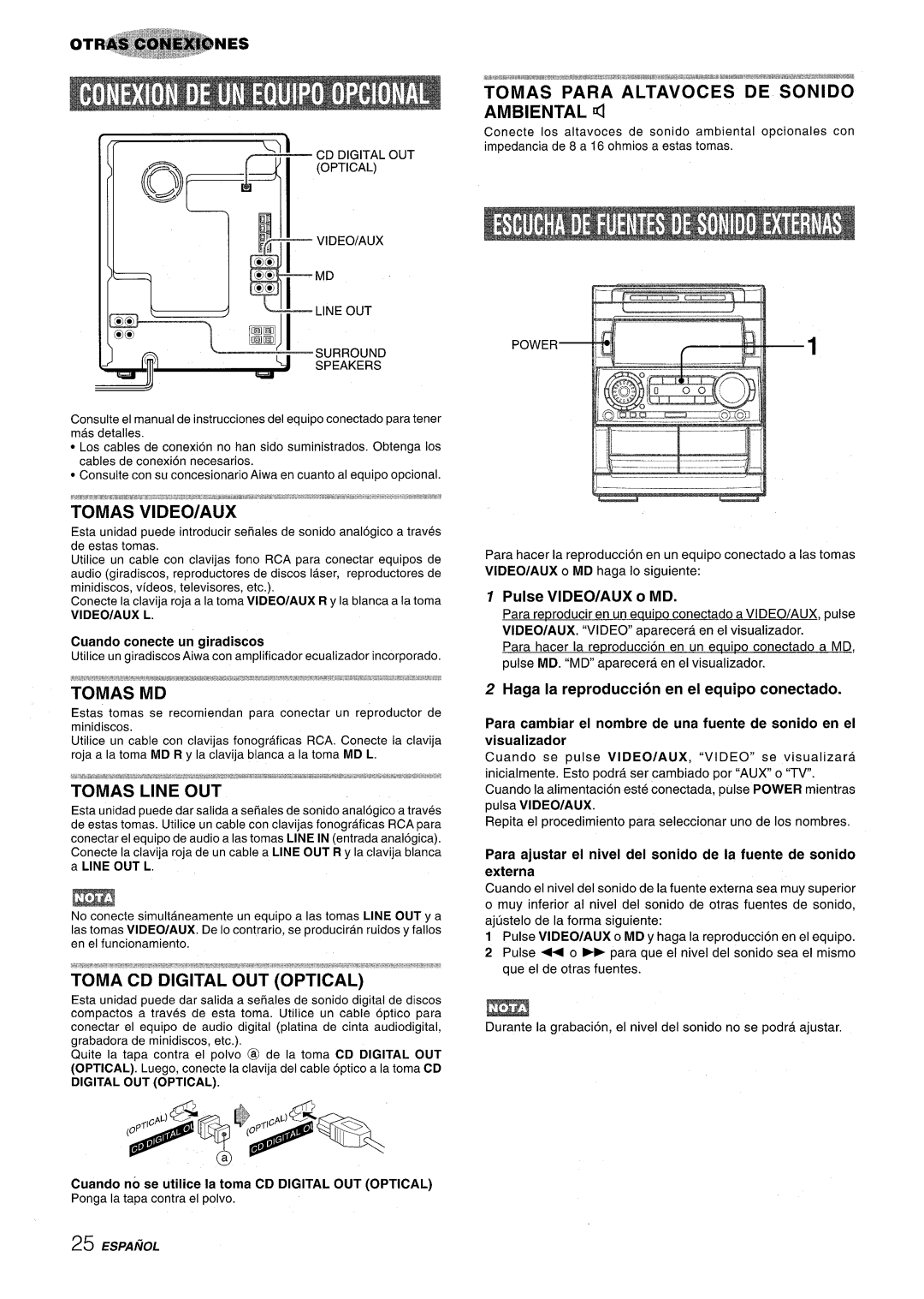 Aiwa NSX-A909 manual Tomas Video/Aux, Toma Cd Digital Out Optical, Tomas Line Out, Pulse VIDEO/AUX o MD, Espanol 