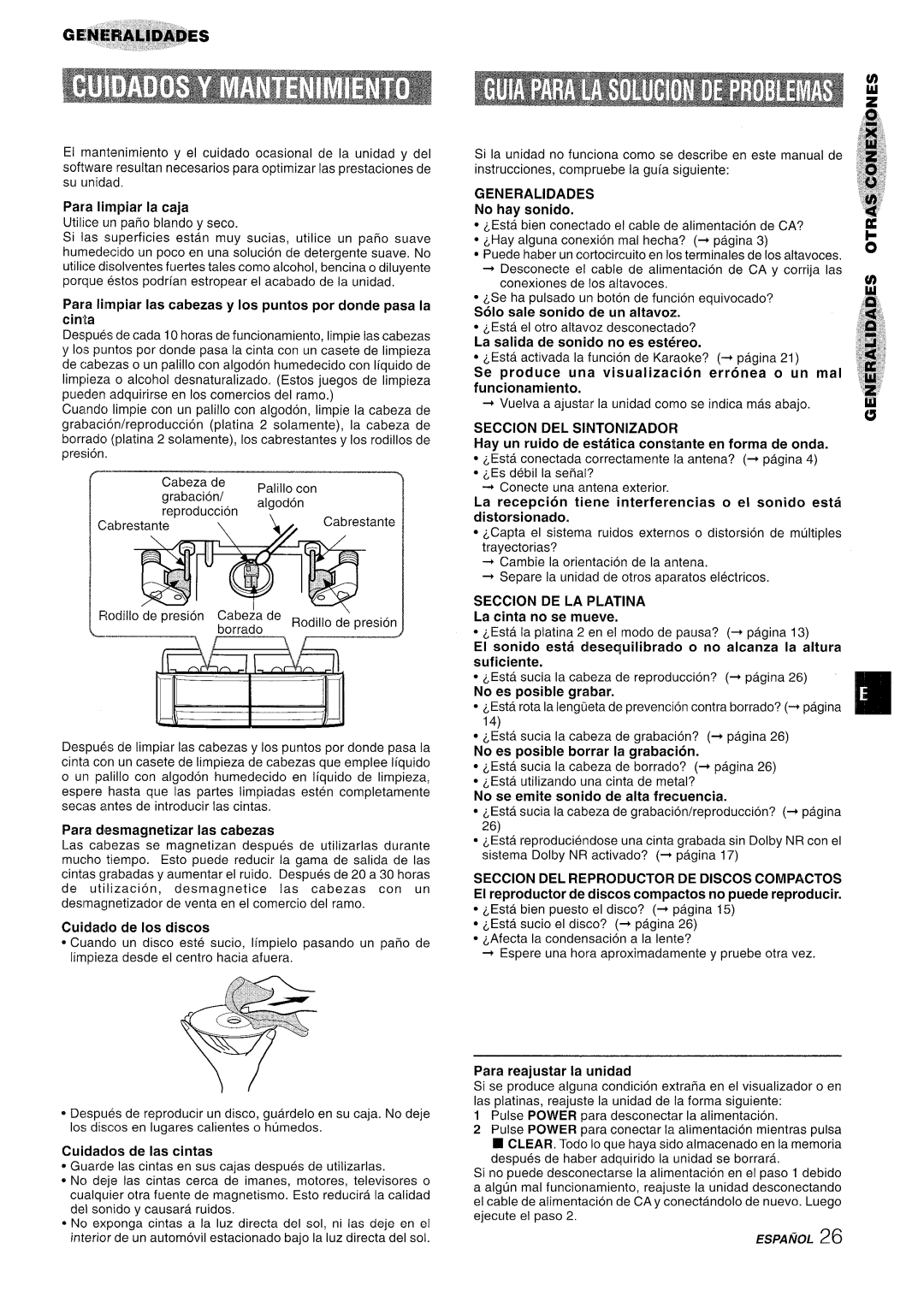Aiwa NSX-A909 Seccion De La Platina, Para Iimpiar Ias cabezas y Ios puntos por donde pasa la cinta, Cuidado de Ios discos 