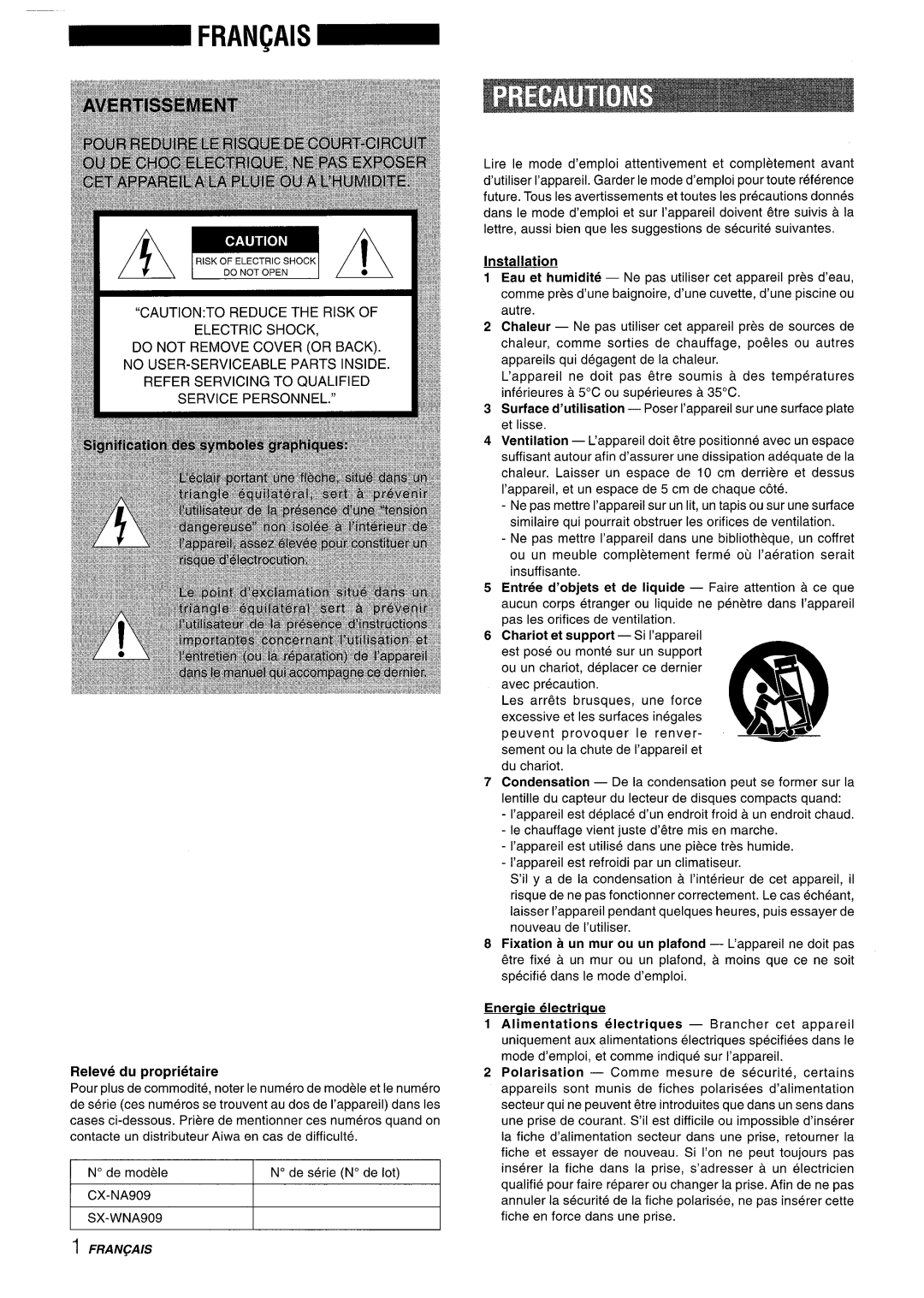 Aiwa NSX-A909 manual Releve du proprietaire, Eneraie electriaue, Fran~Ais, Installation 