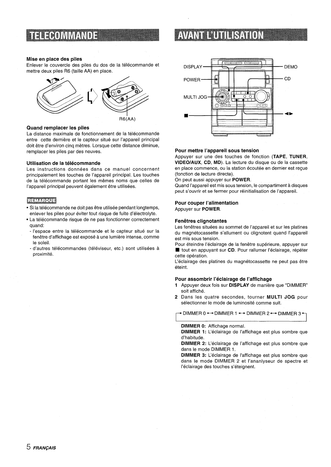 Aiwa NSX-A909 Mise en place des piles, Quand remplacer Ies piles, Utilisation de la telecommande, Feni5tres clignotantes 