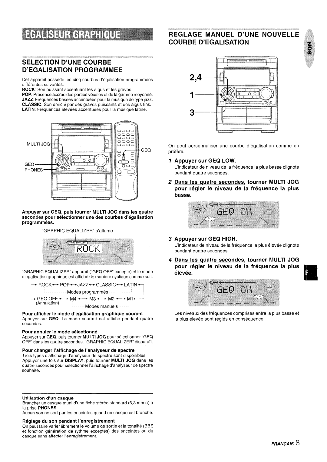 Aiwa NSX-A909 manual Selection D’Une Courbe D’Egalisation Programmed, Appuyer sur 3EQ LOW, Alppuyer sur GEQ HIGH, Fran~Ais 